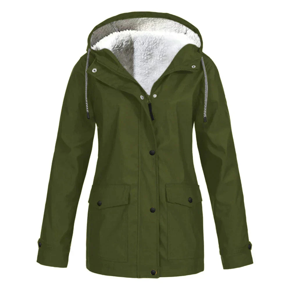 Women's black waterproof hooded coat with timeless silhouette and all-weather protection