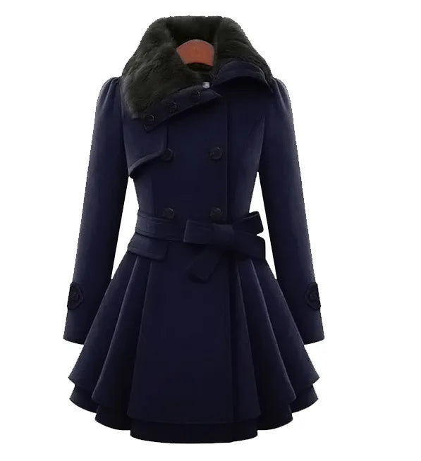 Women's wool trench coat in classic cut with plush sherpa lining and fur collar for luxurious warmth