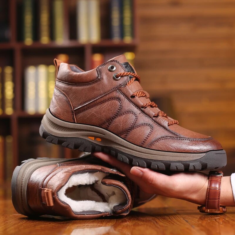 Men's premium winter boots brown rugged lace-up style waterproof all-weather durable everyday footwear