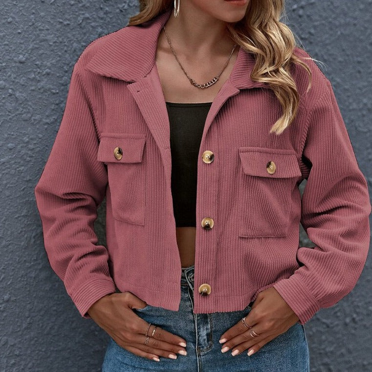 Women's cropped corduroy jacket casual style button closure with chest pockets textured vertical wale