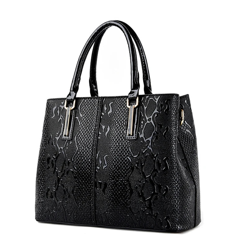 Ivanna black patent vegan leather tote with embossed crocodile snakeskin texture boxy silhouette
