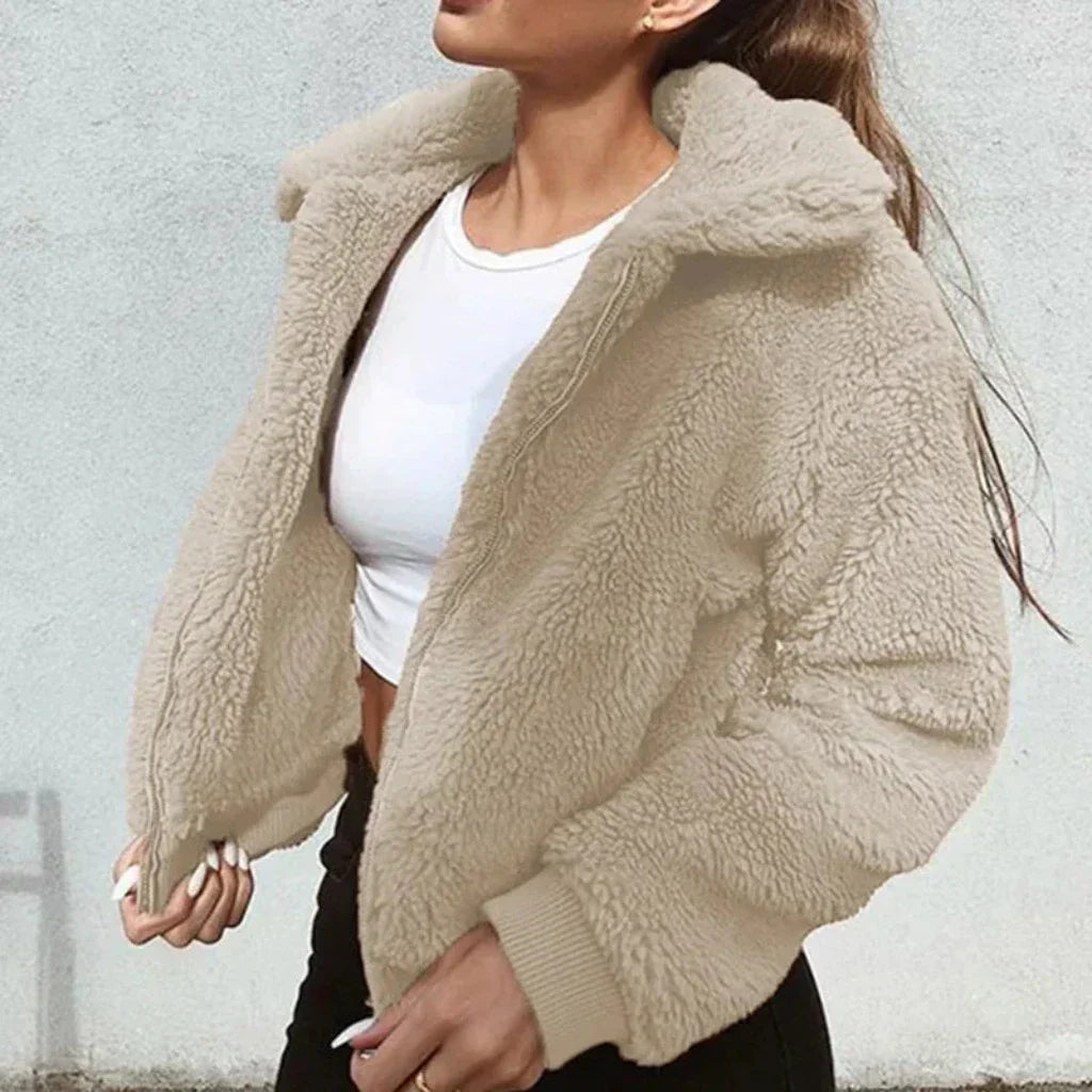 Women's oversized plush fleece coat zip-front high collar cozy warmth casual winter layer