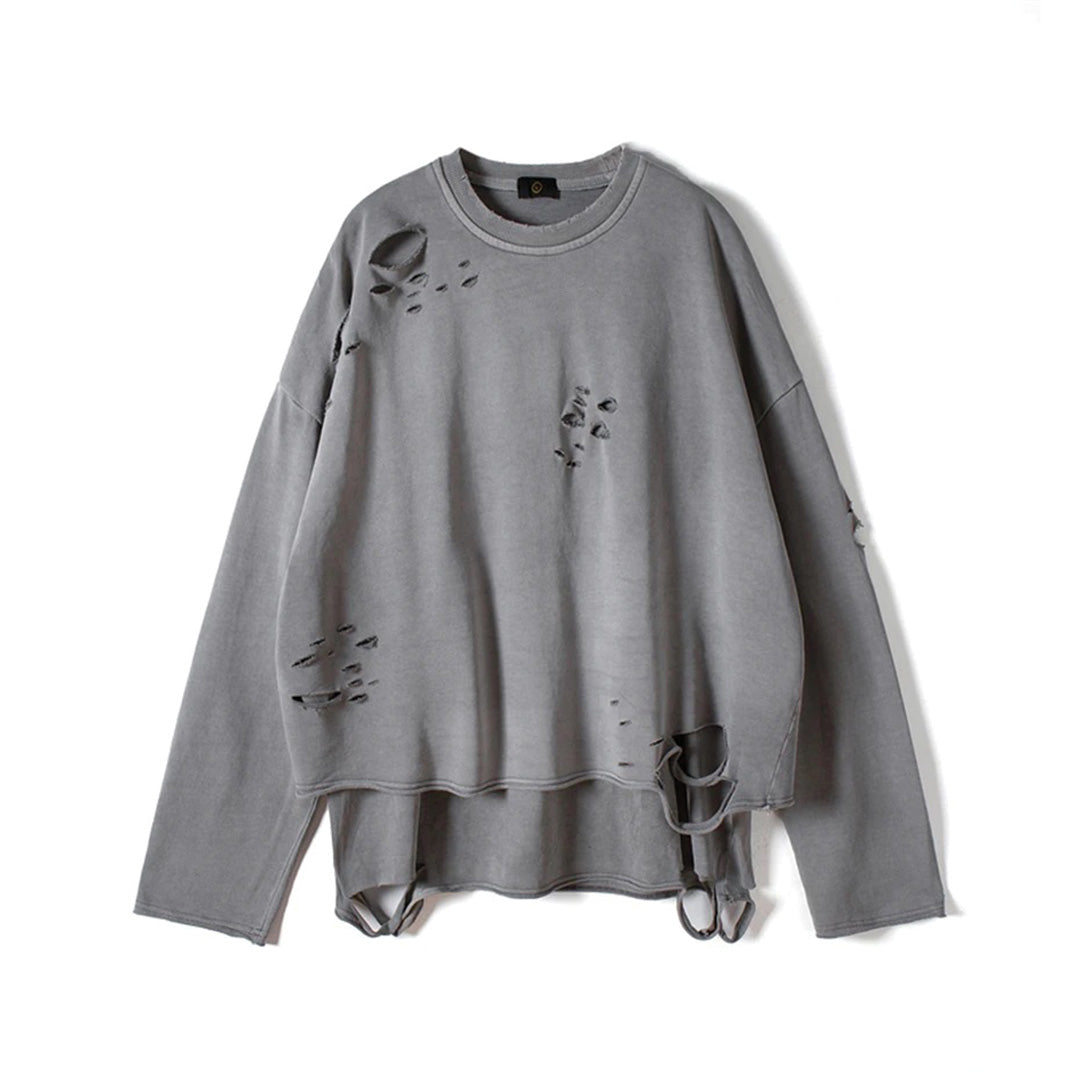 Destroyed oversized black long-sleeve T-shirt double-layered cotton streetwear with distressed detailing
