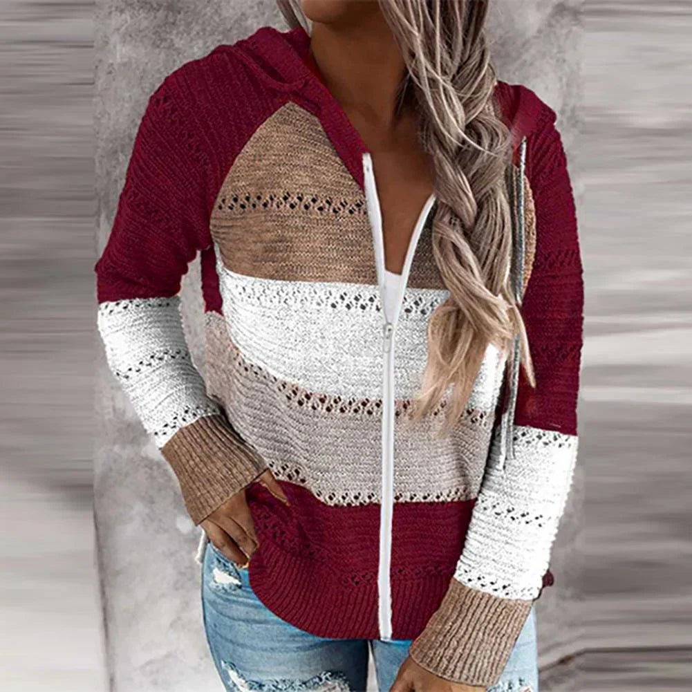 Women's relaxed-fit cotton knit V-neck hoodie with textured pattern, everyday comfort pullover top