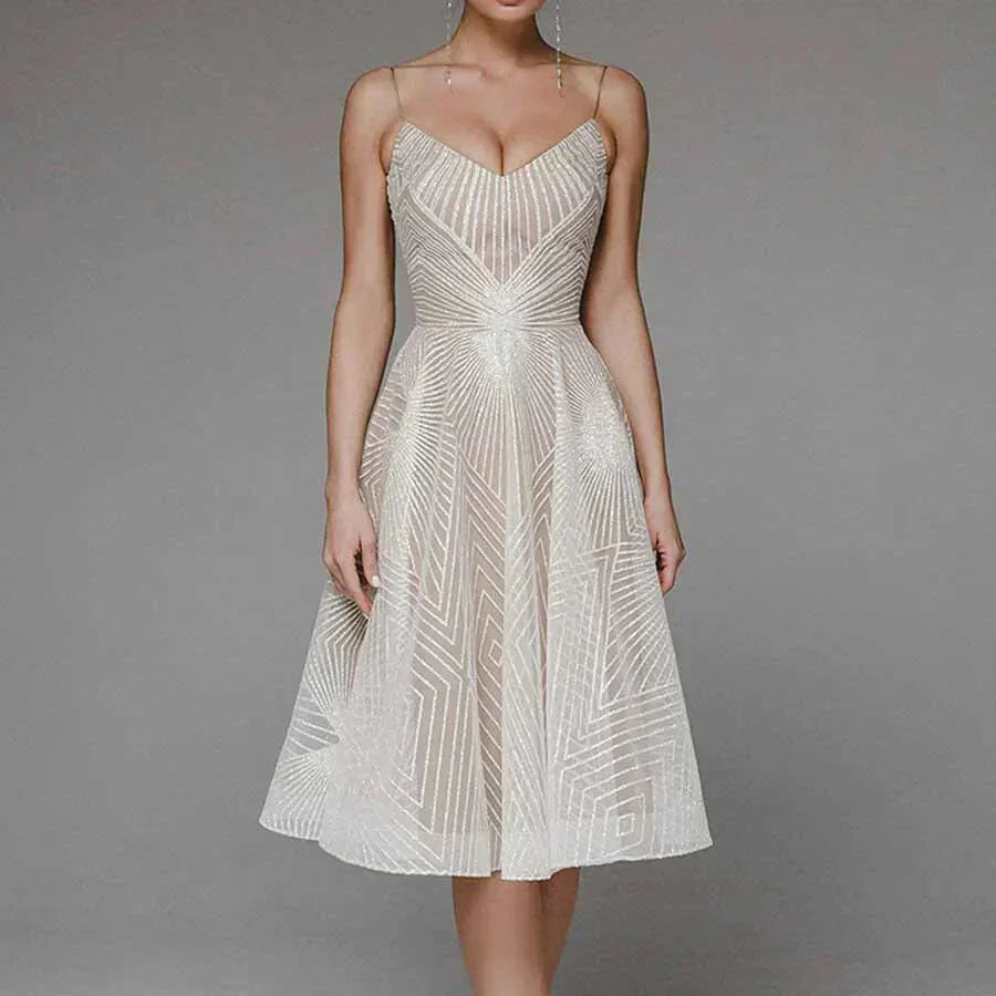 Elegant backless midi dress in neutral tone, open-back cut with refined silhouette for day-to-evening wear