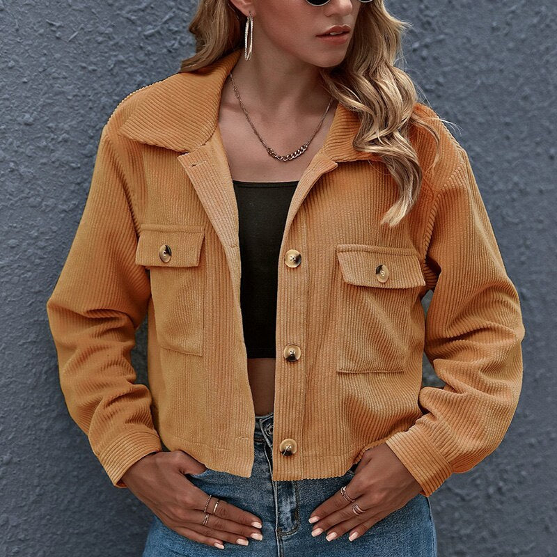 Women's cropped corduroy jacket casual style button closure with chest pockets textured vertical wale