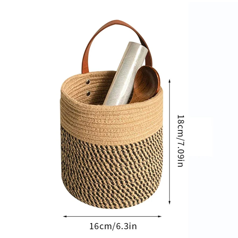 Woven boho storage basket beige tone versatile fruit veggie organizer with bohemian braided design