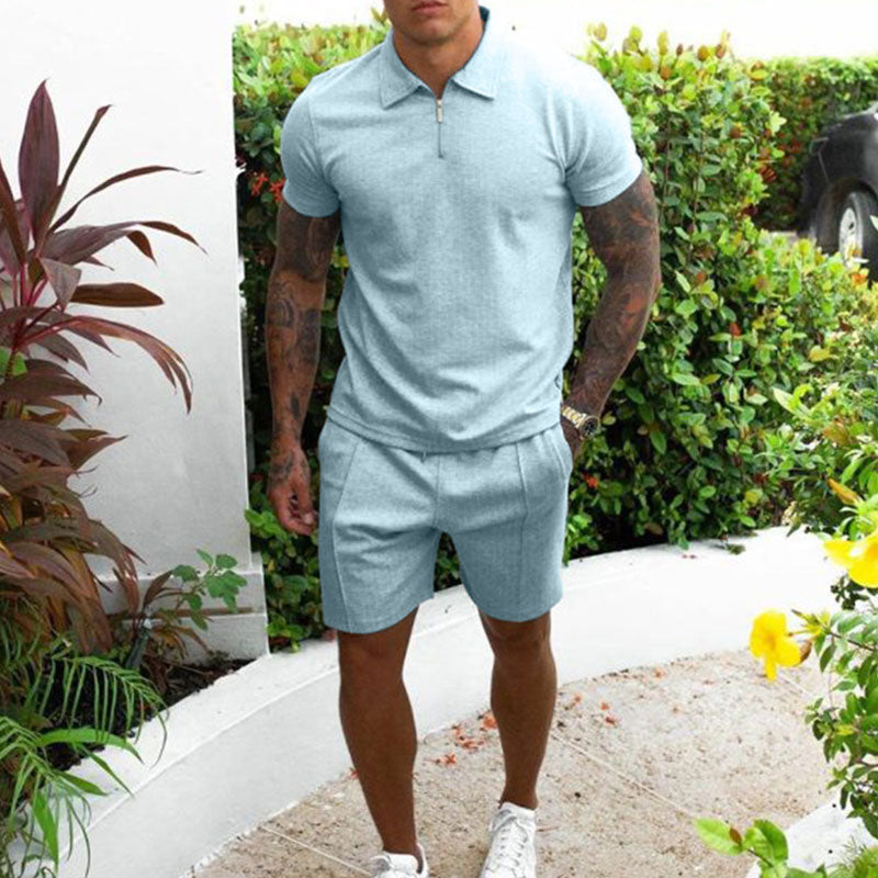 Men's beige polo shirt and shorts matching set, regular fit with zip collar, casual summer two-piece outfit