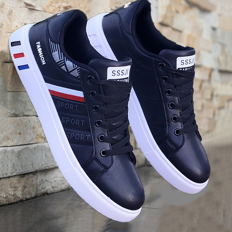 Unisex white stripe lace-up sneakers with smooth panelled upper for everyday casual comfort