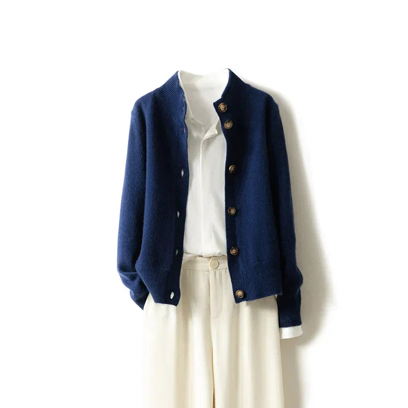 Women's cashmere wool cardigan high neck cozy knit in neutral tone ultra-soft luxurious everyday style