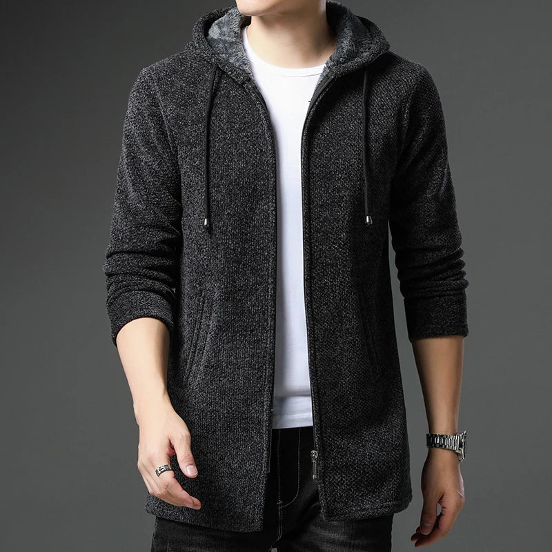 Men's chenille wool jacket with zip-front fleece-lined hood, ribbed cuffs, relaxed fit in natural texture