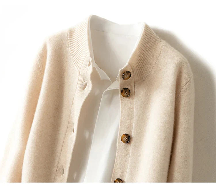 Women's cashmere wool cardigan high neck cozy knit in neutral tone ultra-soft luxurious everyday style