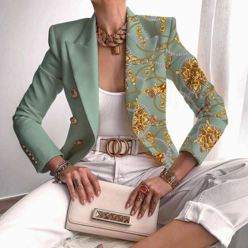 Women's contrast panel work blazer with bold patterned panels and tailored professional silhouette
