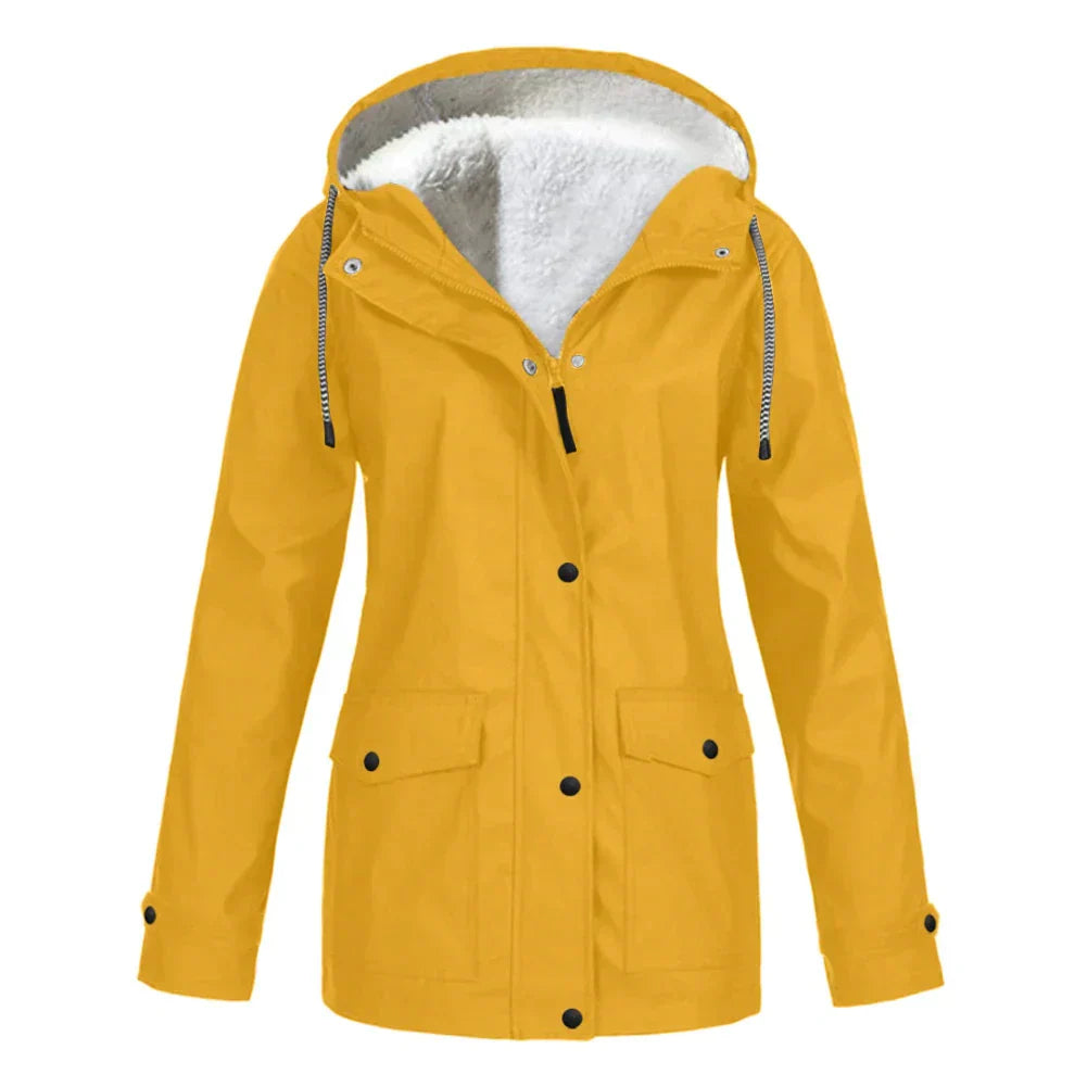 Women's fleece-lined hooded rain jacket relaxed fit water-resistant cozy layer for spring