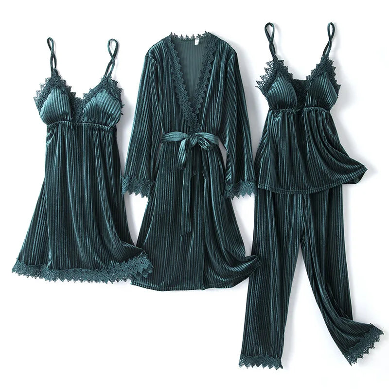 Women's soft velour sleepwear set in three-pack with lace-trimmed camisole and robe