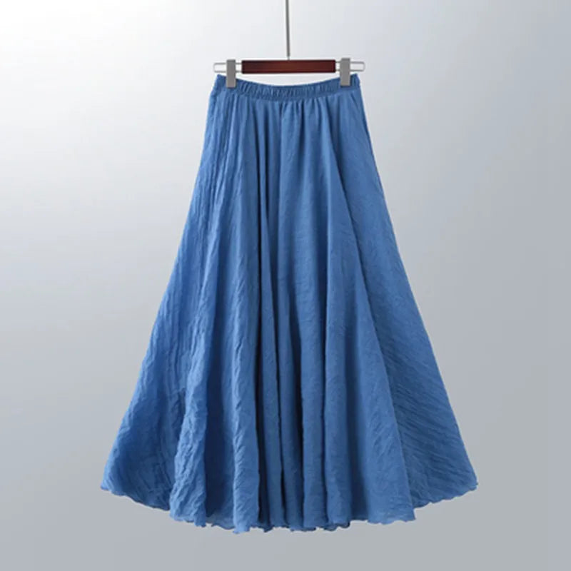 Women's cotton-linen pleated A-line maxi skirt, breathable lightweight fabric with fluid drape