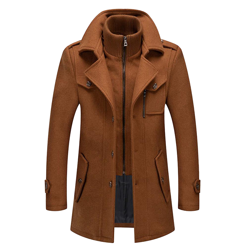 Men's structured tailored winter overcoat with button closure, inner zip layer, and multiple pockets
