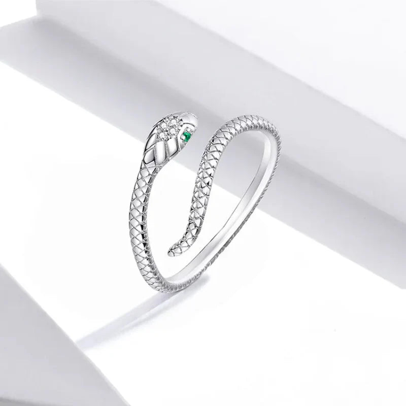 Sterling silver adjustable serpent ring platinum-plated with green zircon eye bold gothic statement jewelry