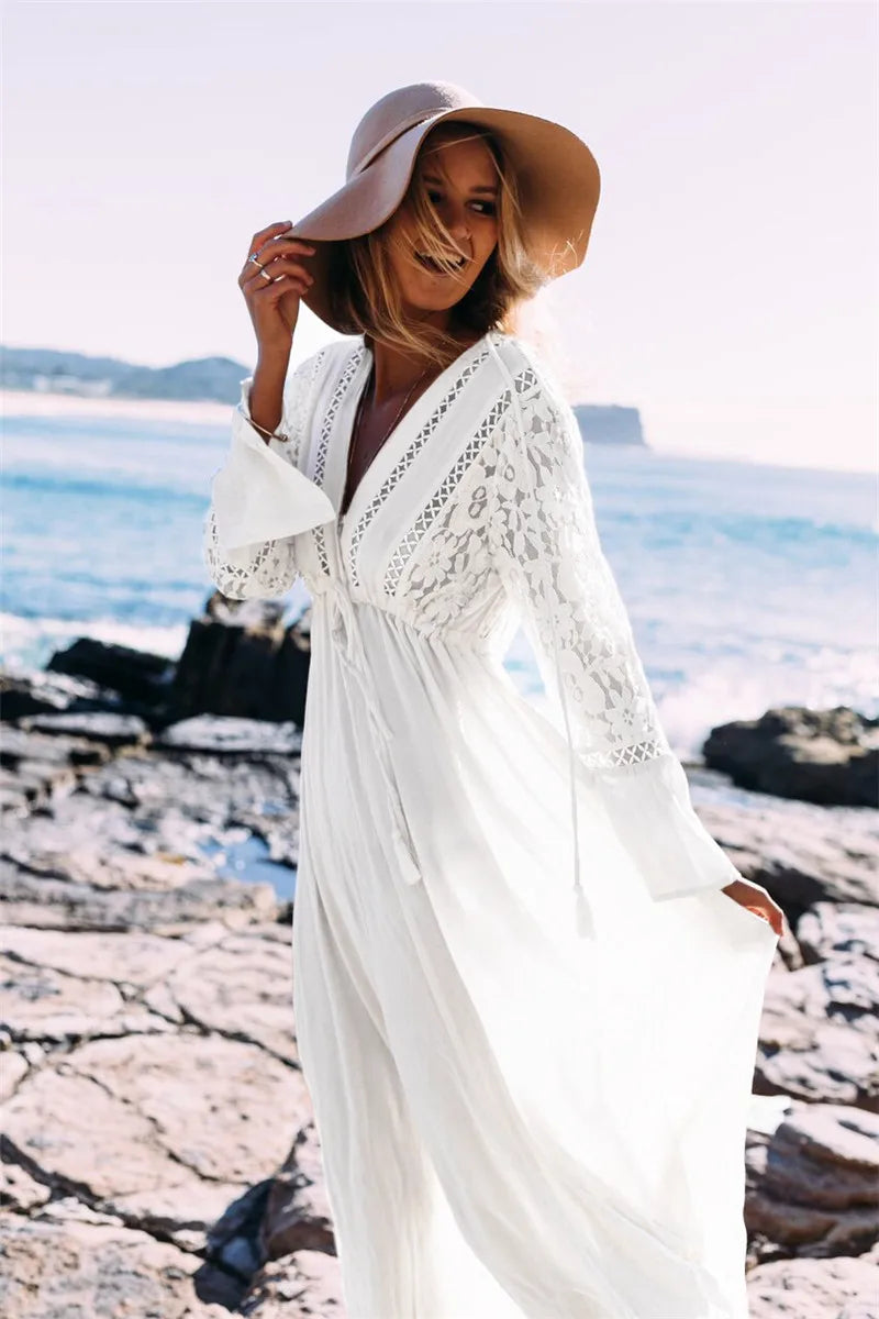 Women's boho maxi dress deep V-neck flowy ankle-length silhouette airy summer evening style