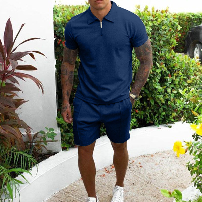 Men's beige polo shirt and shorts matching set regular fit zip collar casual summer outfit