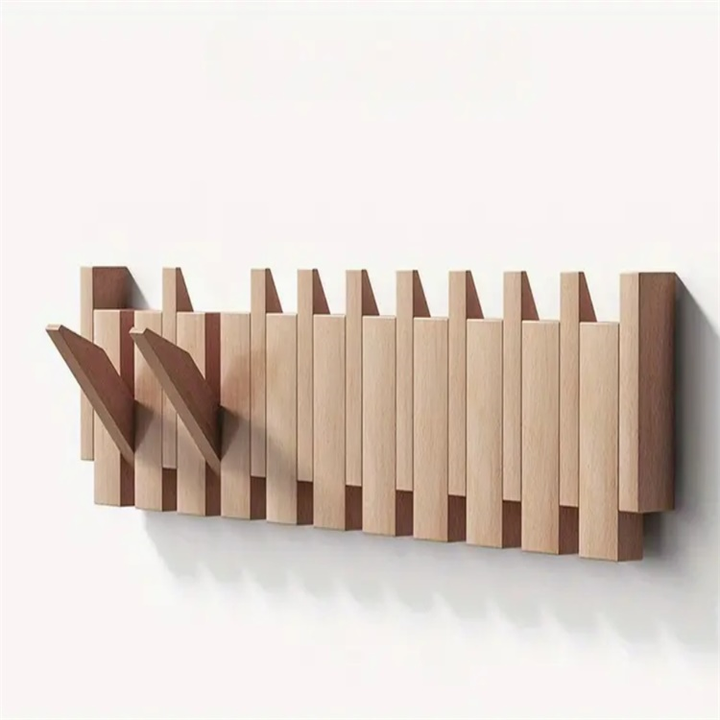 Willem handmade wall-mounted wooden coat rack with piano key design and foldable hooks