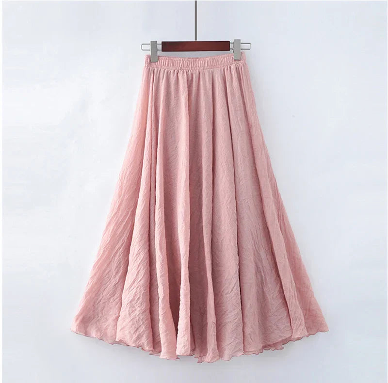 Women's pleated A-line cotton linen maxi skirt lightweight breathable fluid drape casual feminine silhouette