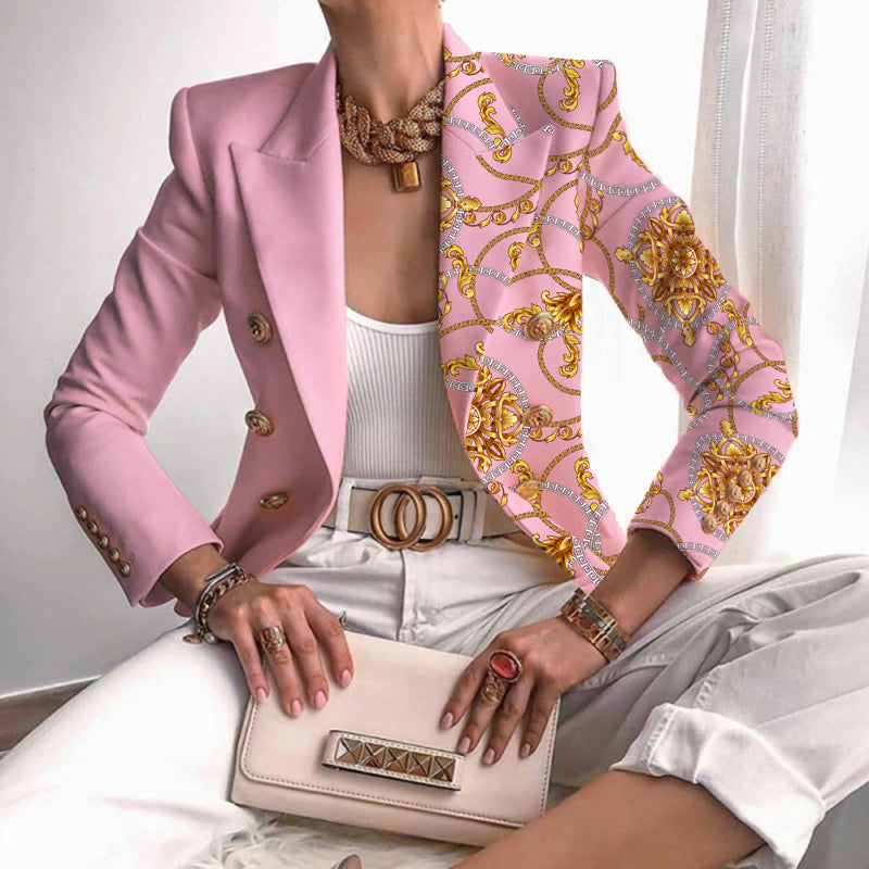 Women's contrast panel work blazer tailored office style with bold patterned and solid dual-tone design