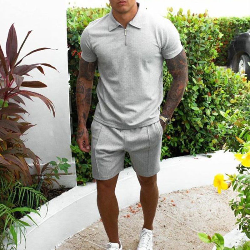 Men's beige polo shirt and shorts set regular fit zip collar two-piece casual summer outfit