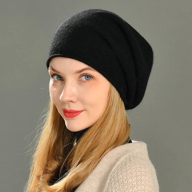 Women's wool-blend slouchy beanie in neutral knit with relaxed fit and clean finish detail