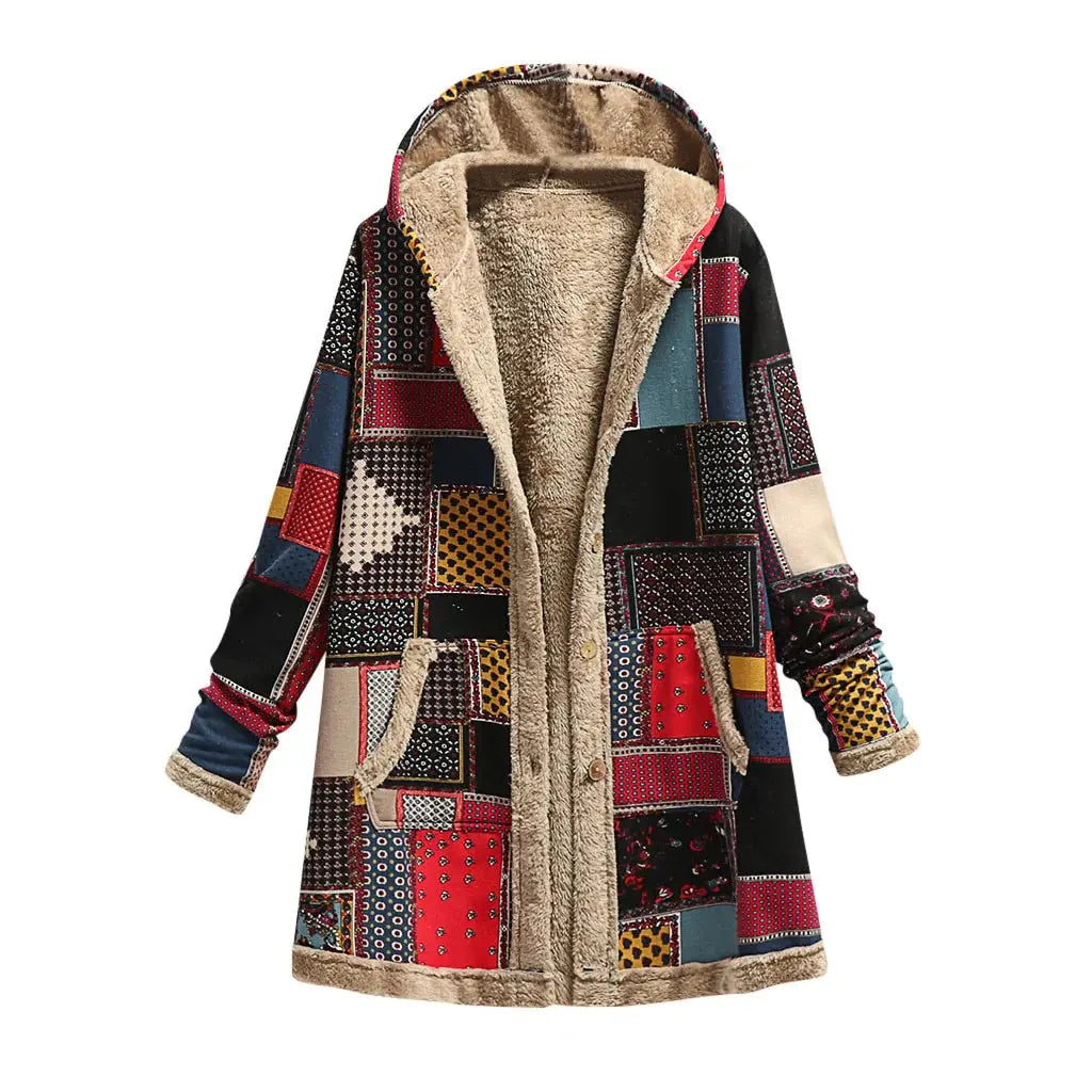 Women's vintage patchwork overcoat in cotton linen blend, handcrafted longline silhouette