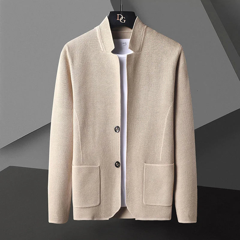 Men's slim cashmere knit cardigan stand collar deep pockets refined contemporary silhouette