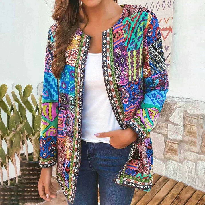 Artisan-inspired open-front statement jacket relaxed fit with drapey layering silhouette