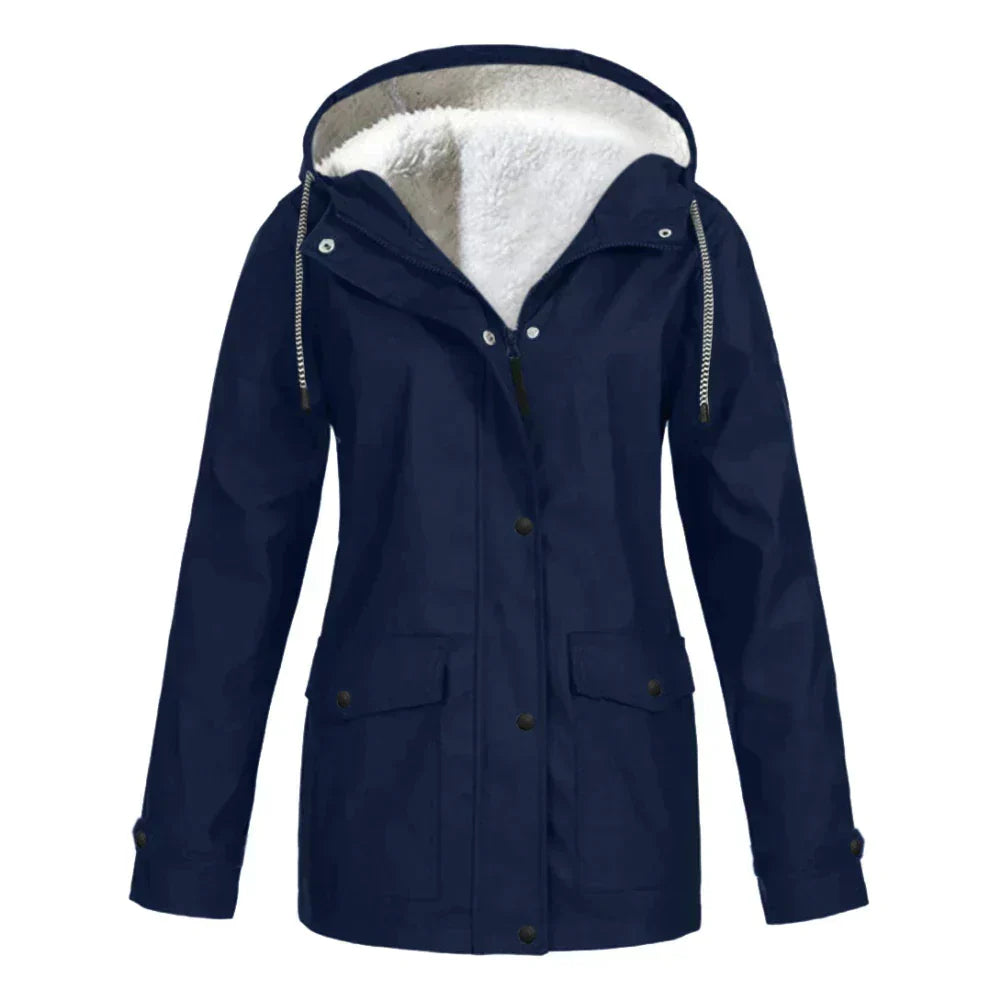 Women's black waterproof hooded coat with timeless silhouette and all-weather protection