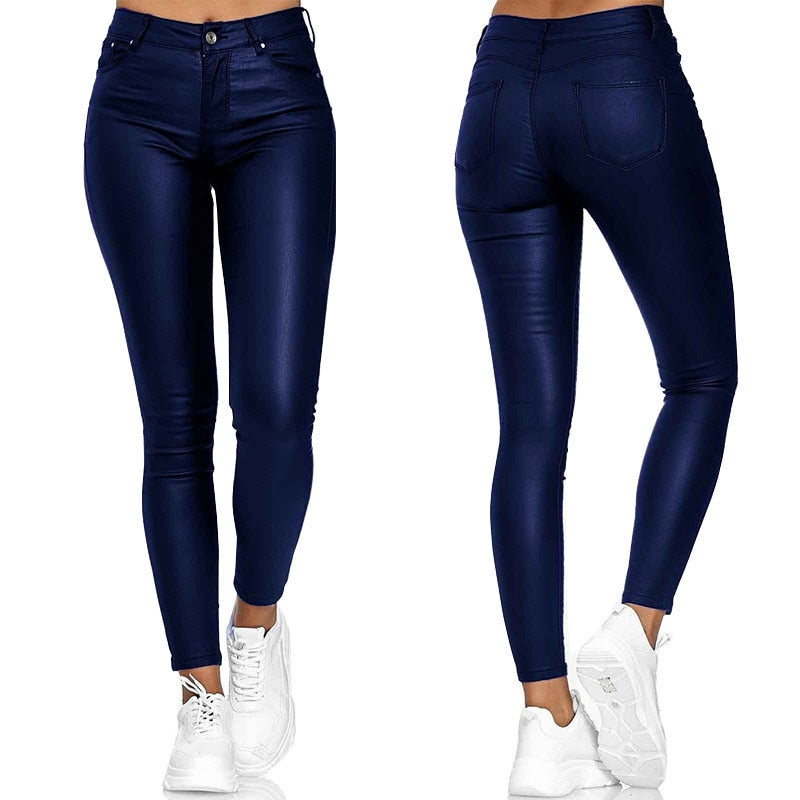 Women's black stretchable leather pants with sleek silhouette and built-in stretch for all-occasion wear