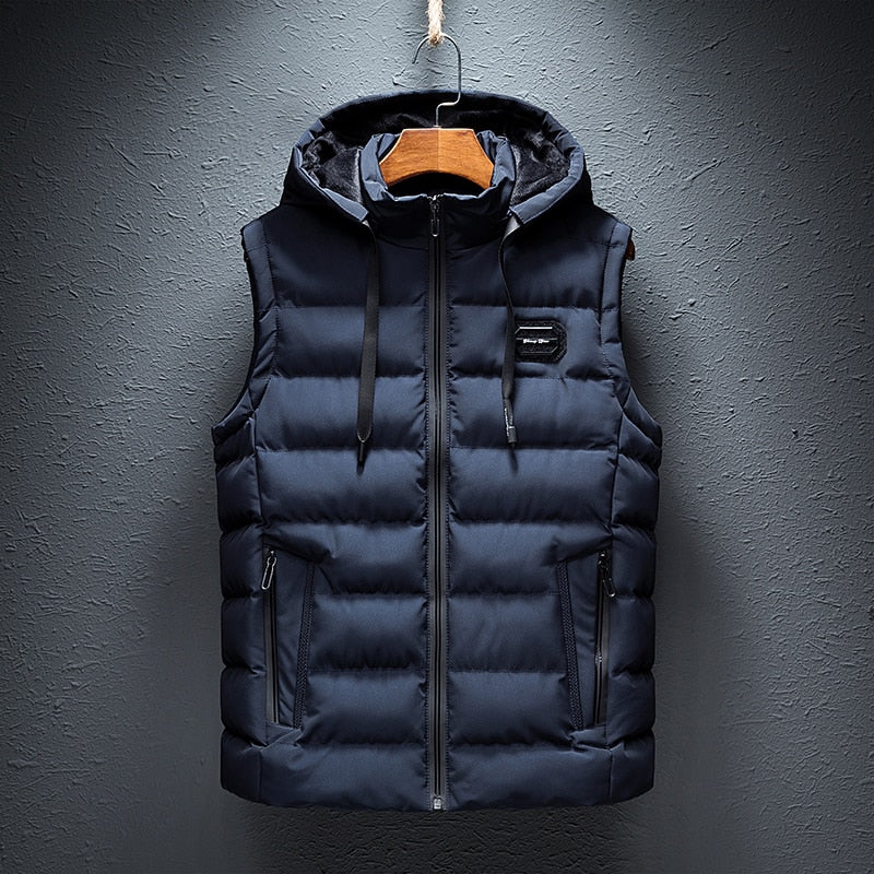 Men's Logan insulated vest navy blue lightweight full-zip hooded sleeveless puffer for winter warmth