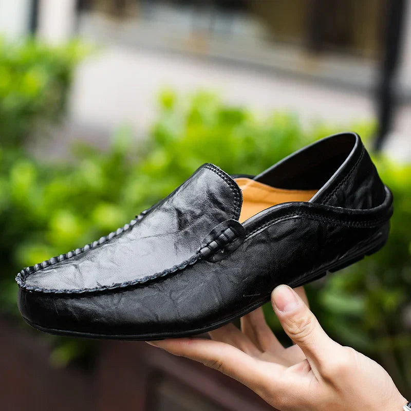 Men's brown genuine leather loafers slip-on style handcrafted patina finish breathable lining