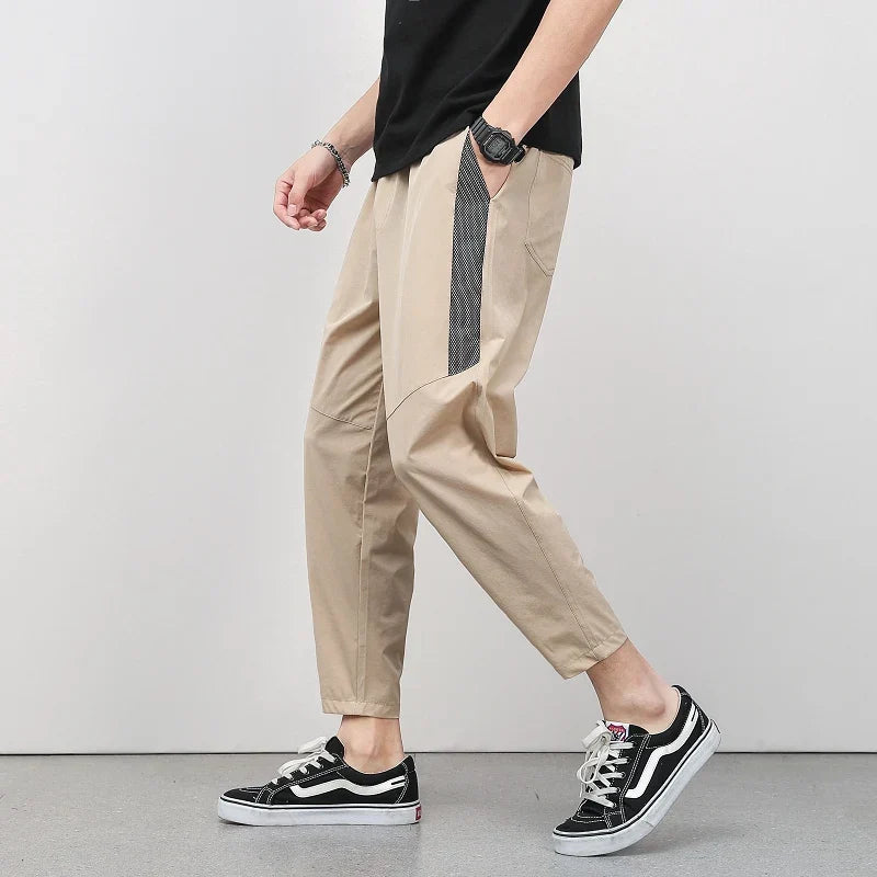Women's ice silk cropped ankle pants relaxed fit moisture-wicking breathable side panel casual style
