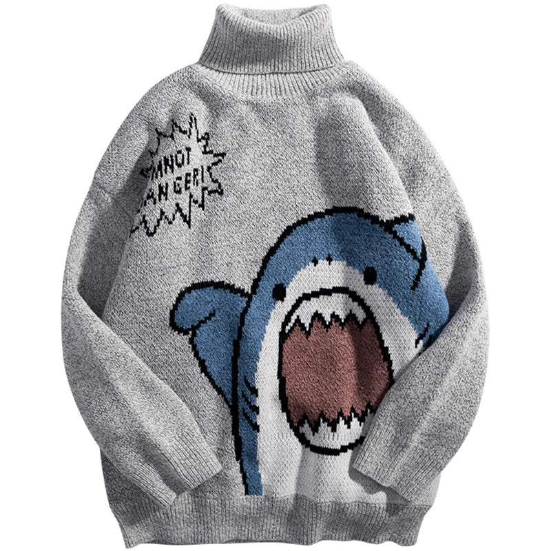 Oversized gray shark knit jumper with bold Harajuku-inspired motif for streetwear