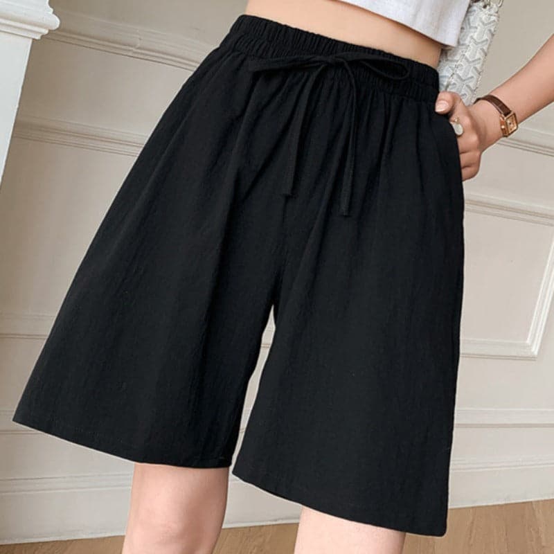 Women's knee-length relaxed fit cotton blend shorts with elastic drawstring waist, casual everyday style