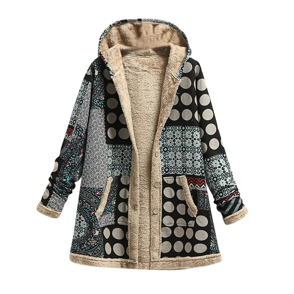 Women's vintage patchwork overcoat in cotton linen blend, handcrafted loose-fit with unique multi-panel design
