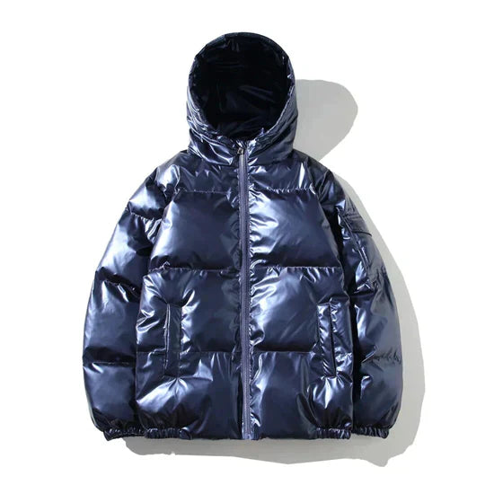 Men's black windproof puffer jacket with multi-layer insulation and weatherproof rain shield design