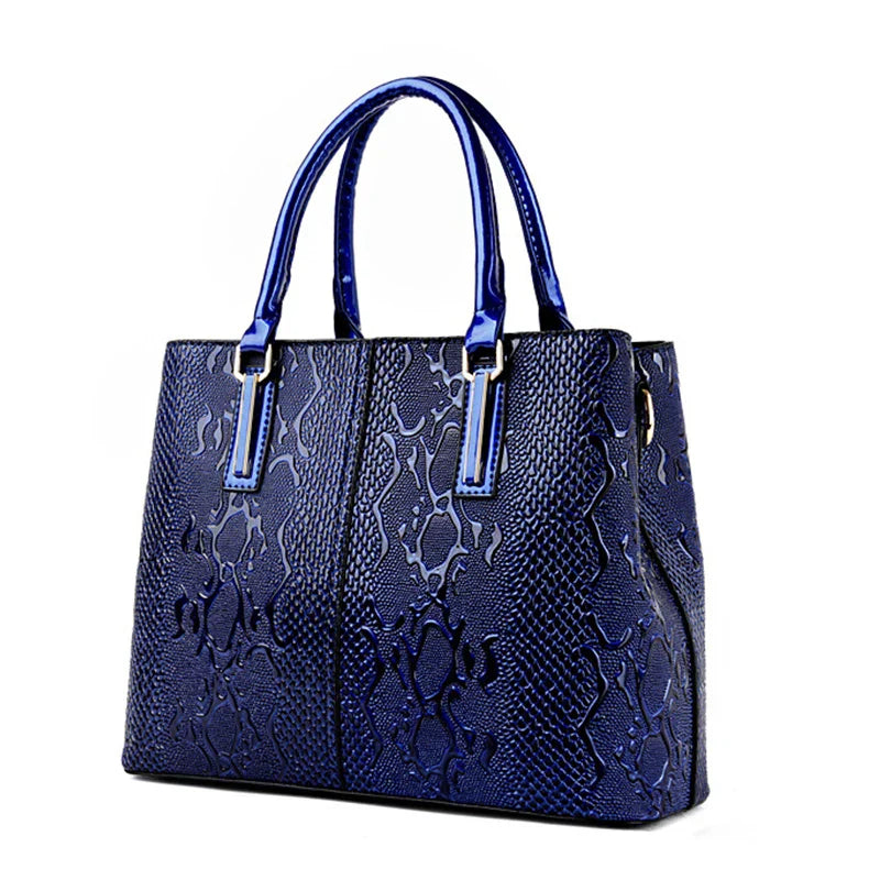 Ivanna black patent vegan leather boxy tote with embossed crocodile snakeskin texture splatter detail