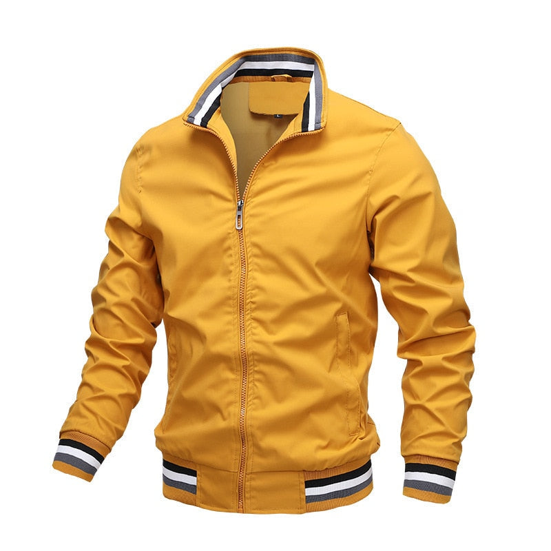 Men's lightweight navy blue zipper bomber jacket with ribbed trim, modern slim fit for everyday casual style