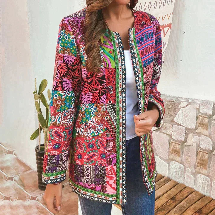 Relaxed open-front artisan jacket in earthy tones with drapey silhouette for effortless layering