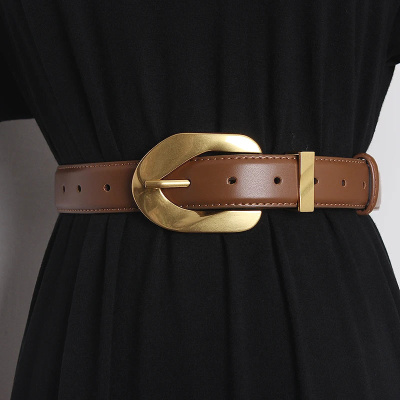 Genuine leather waistband belt with polished oversized statement buckle, adjustable one size fits all