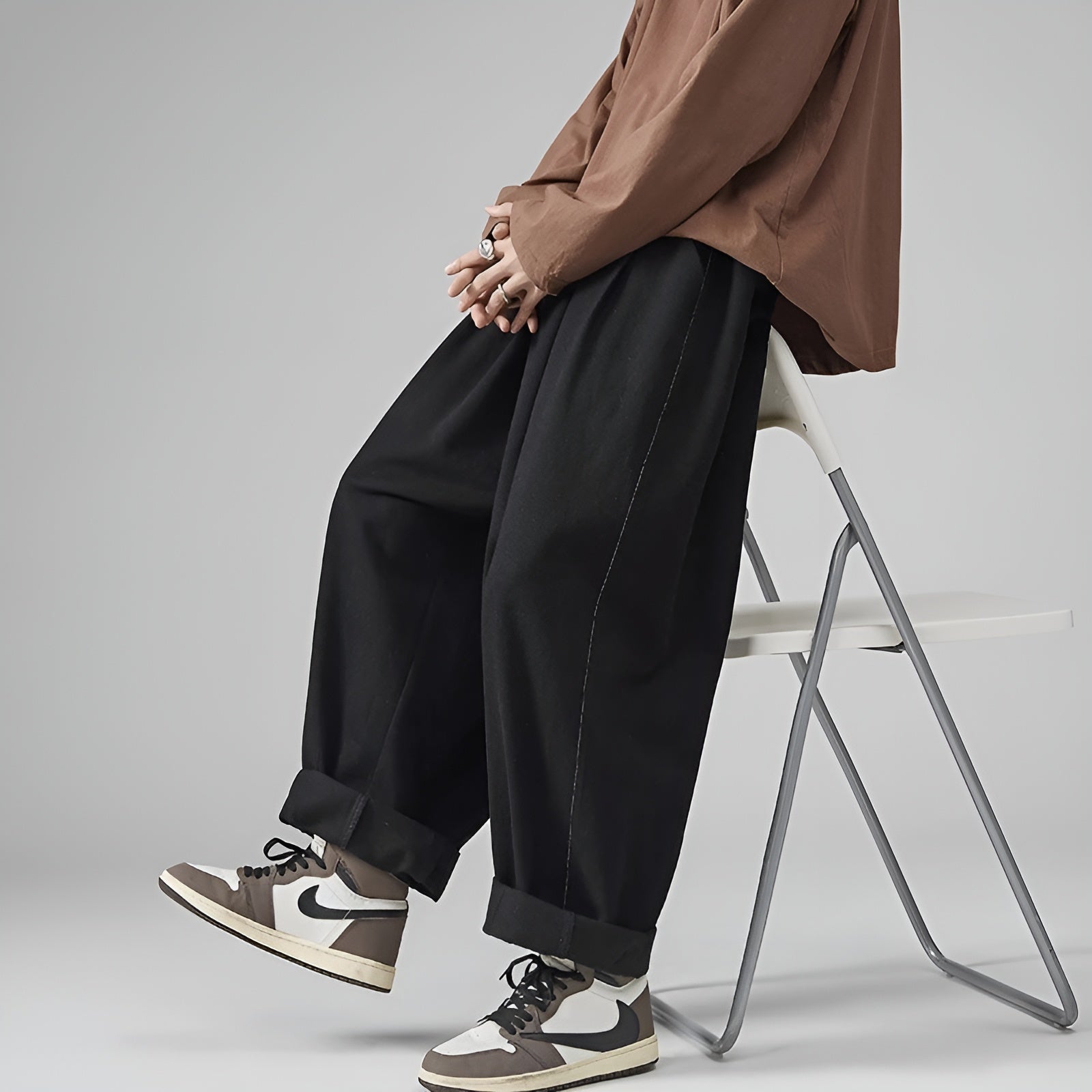Men's wide-leg sarouel chino pants relaxed fit dropped crotch street style casual silhouette