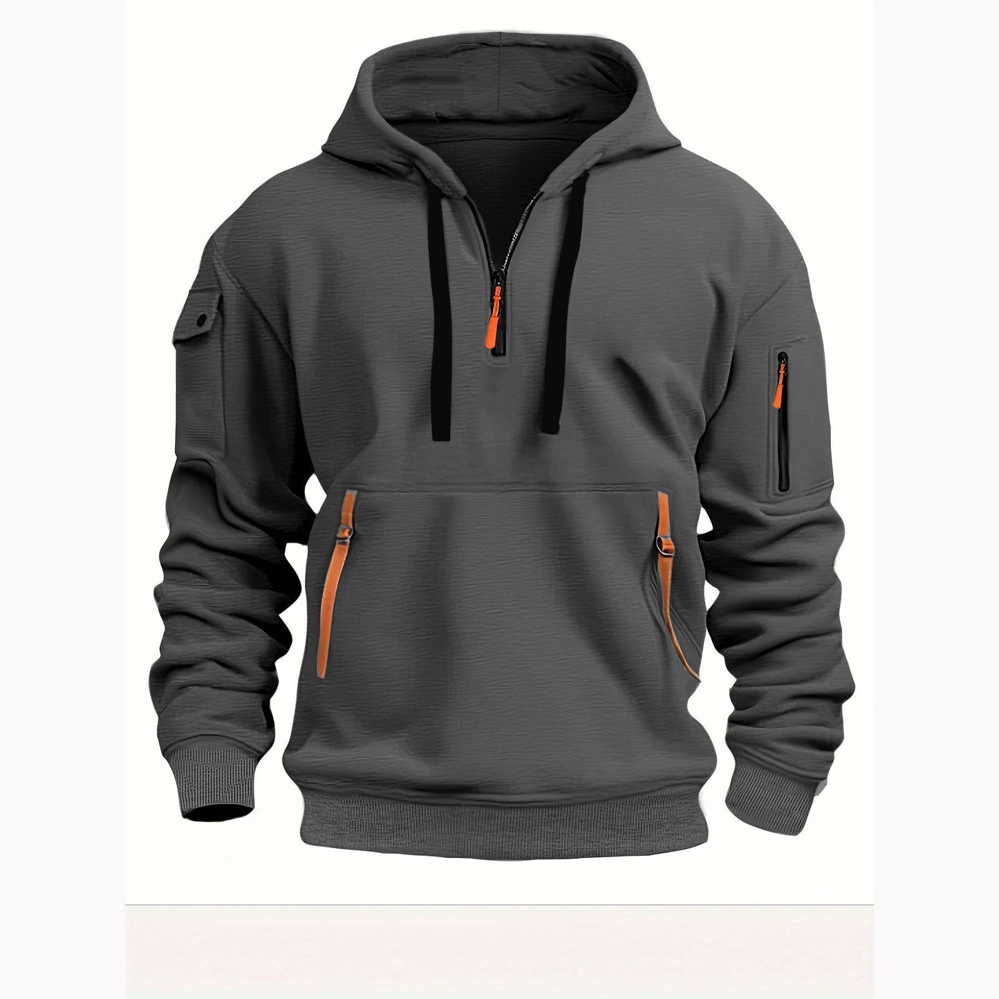 Men's gray half-zip hoodie sweatshirt minimalist design with adjustable ventilation closure