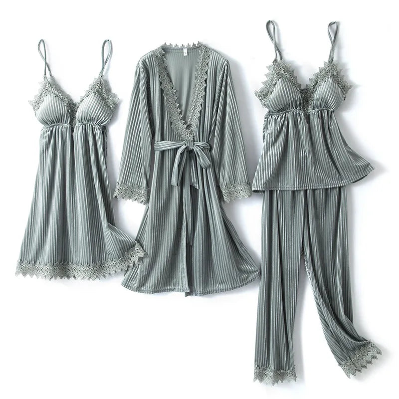 Women's soft velour sleepwear set with lace-trimmed camisole and robe, three-pack quiet luxury