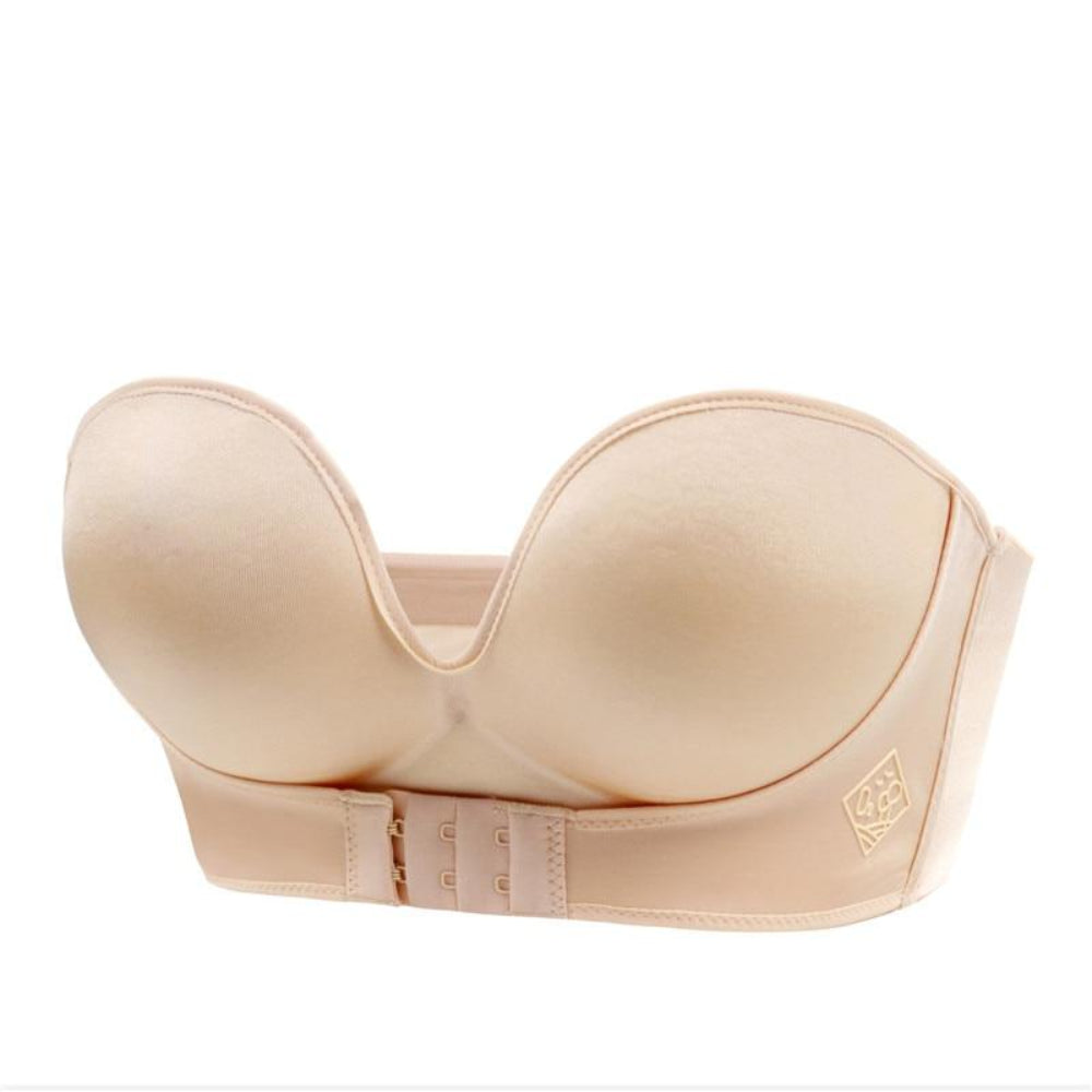 Confty strapless bra beige double front closure all-day support for off-shoulder tops and dresses