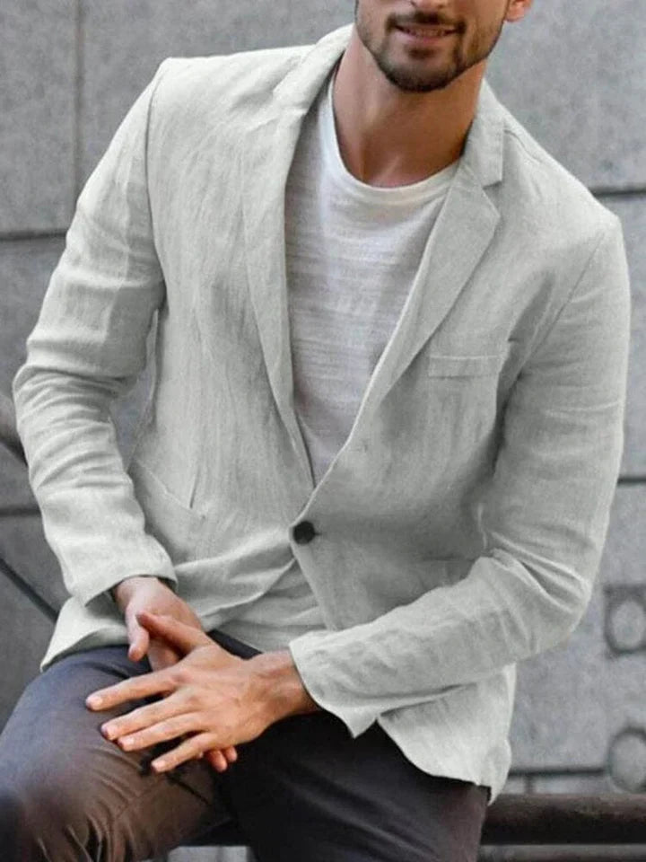 Men's slim fit lightweight linen blend blazer, versatile button closure for casual semi-formal wear